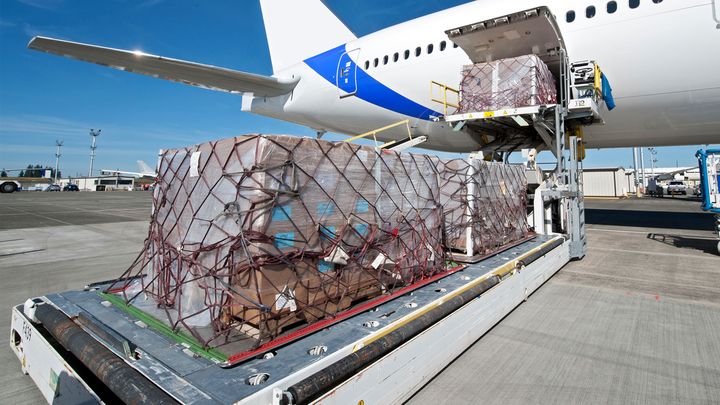Air freight being loaded onto a cargo plane